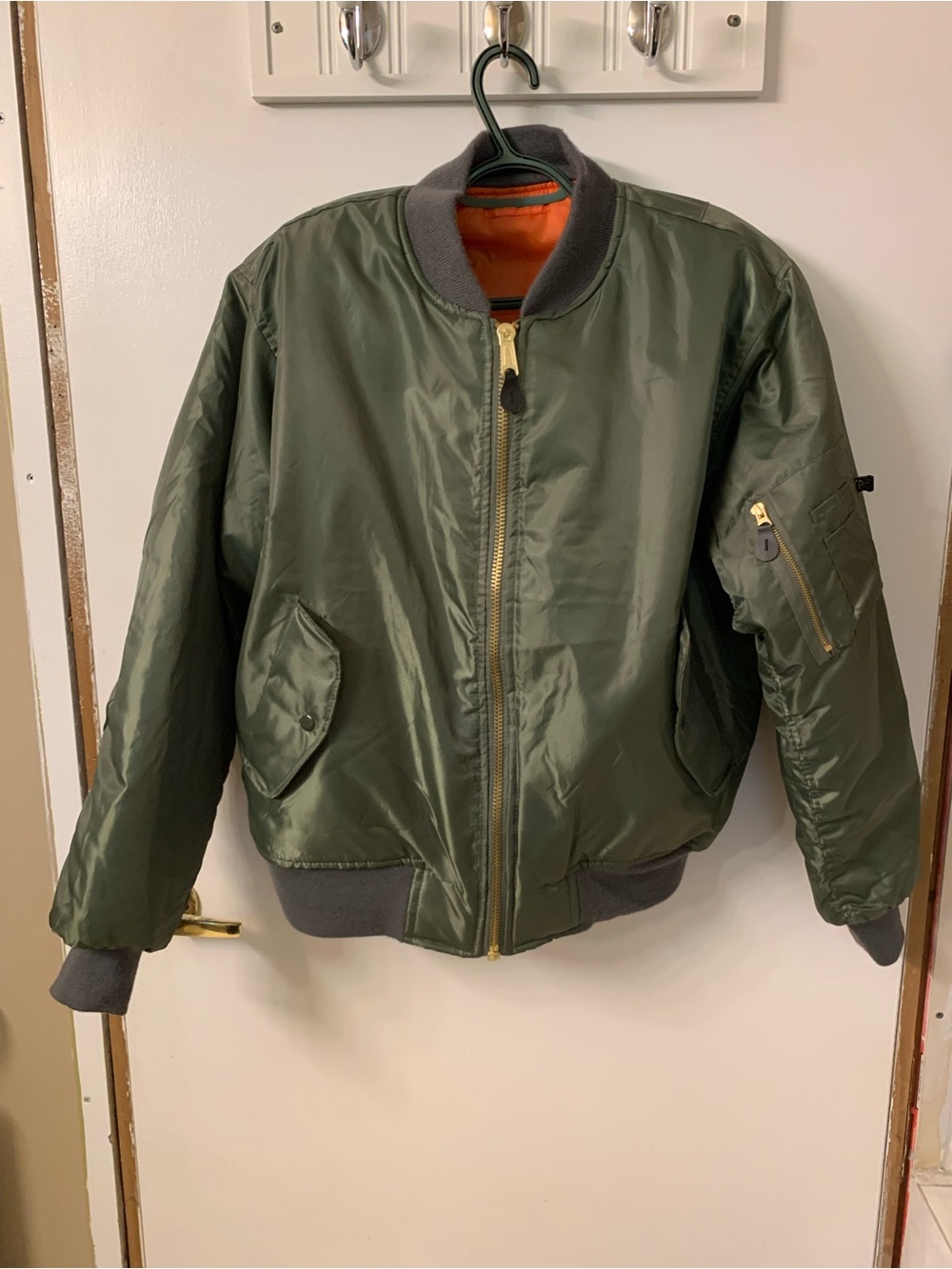Men's Olive Green Bomber Flight Jacket with Orange Lining